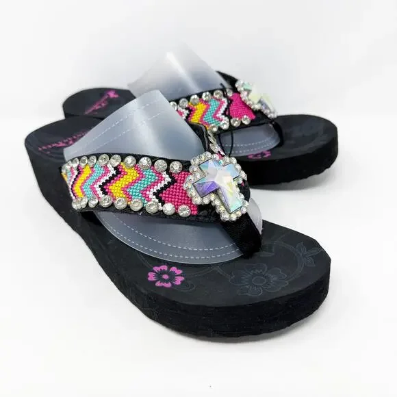 NWT Montana West Black/Multicolor Chunky Flipflops with Rhinestones Cross Detail - Picture 1 of 9